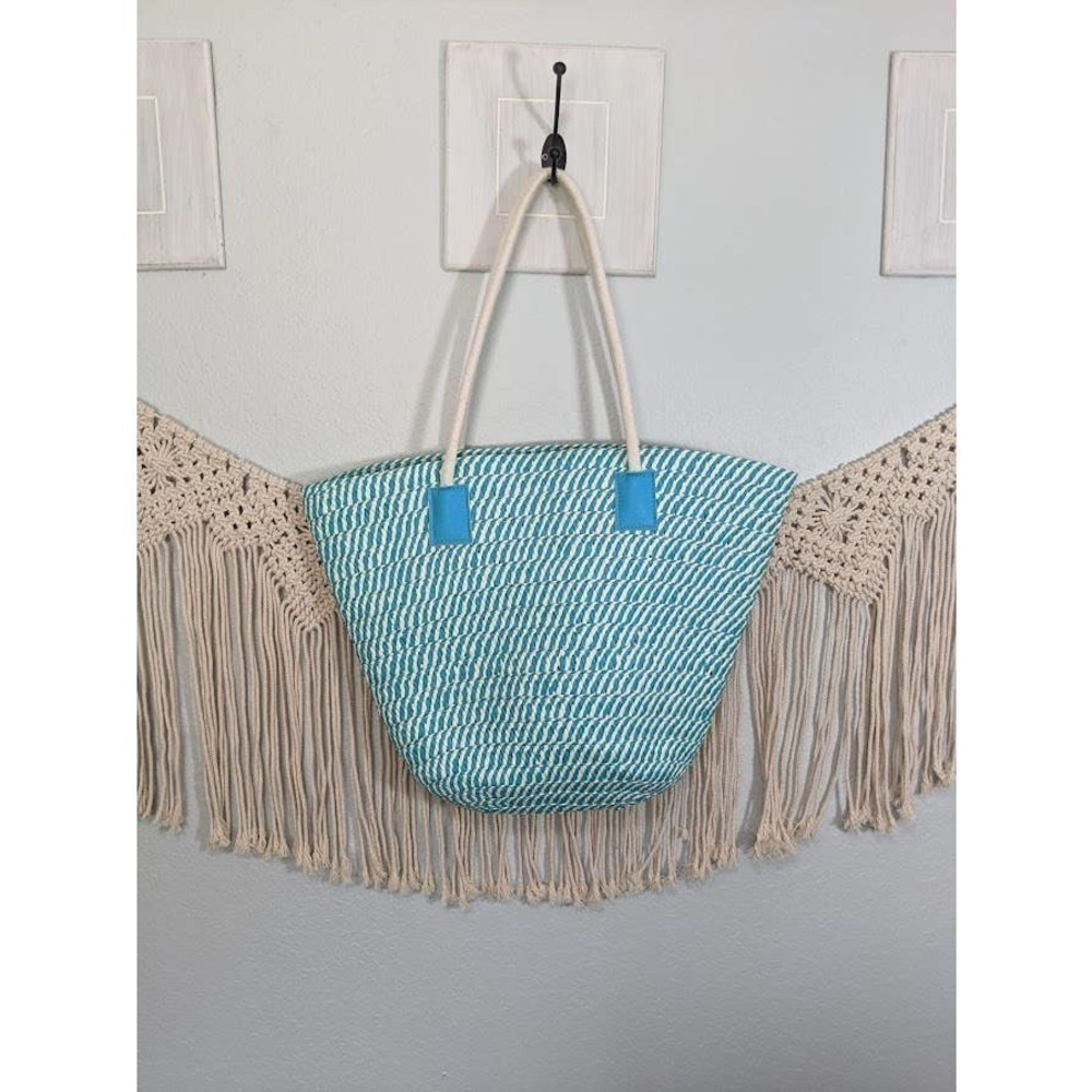 Woven Teal and White Beach Bag - Picture 1 of 6